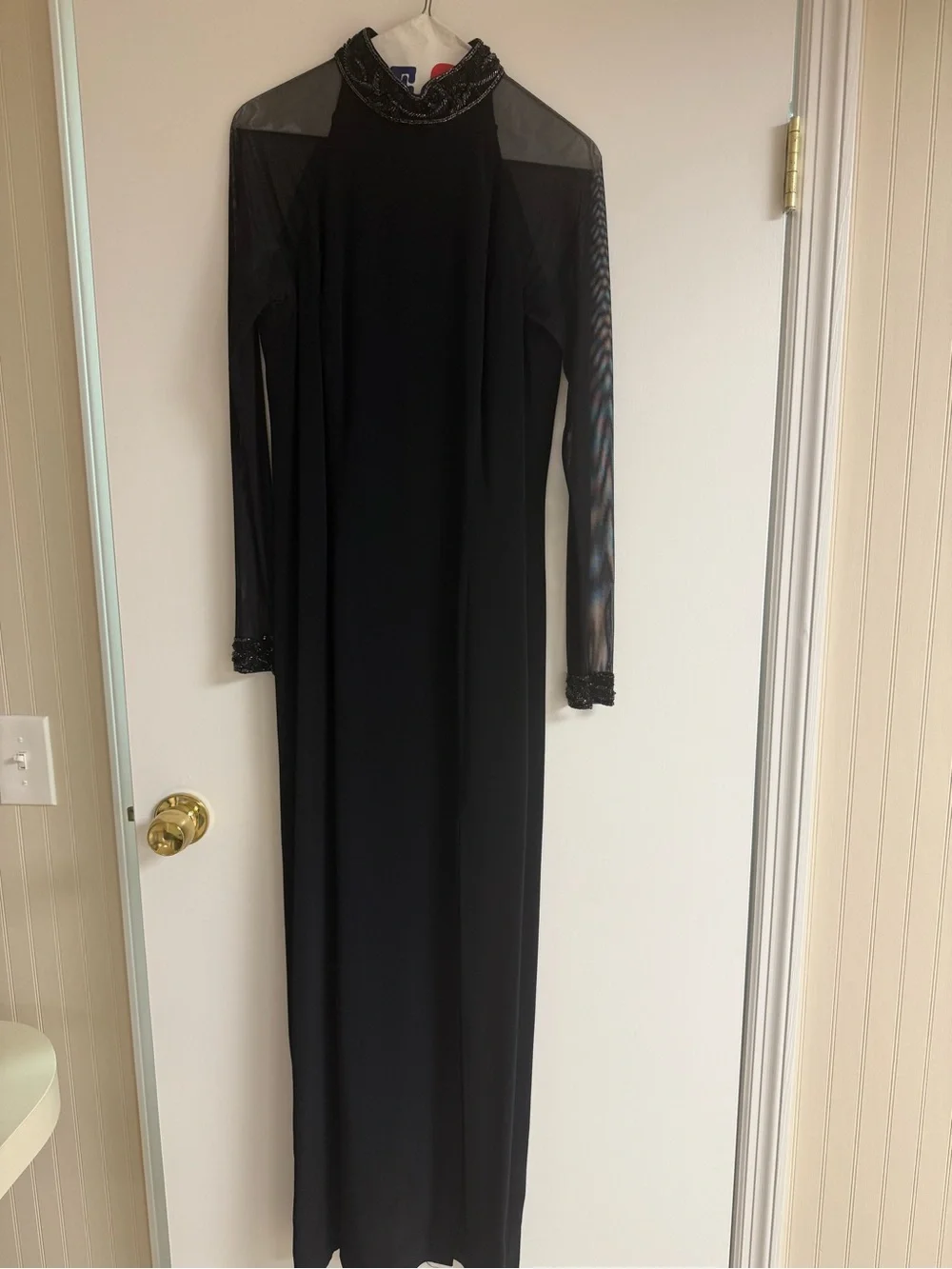 Oleg Cassini Black Long Sheer-Sleeve Evening Gown